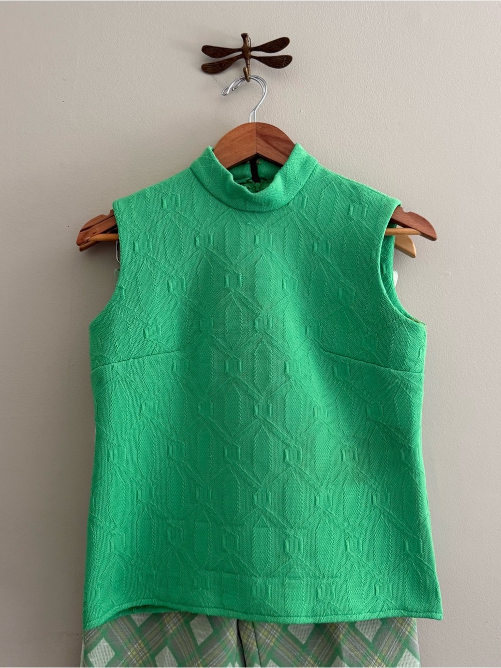 Vintage Retro Green Mockneck Top with Matching Plaid Bell Bottoms - Picture 2 of 8